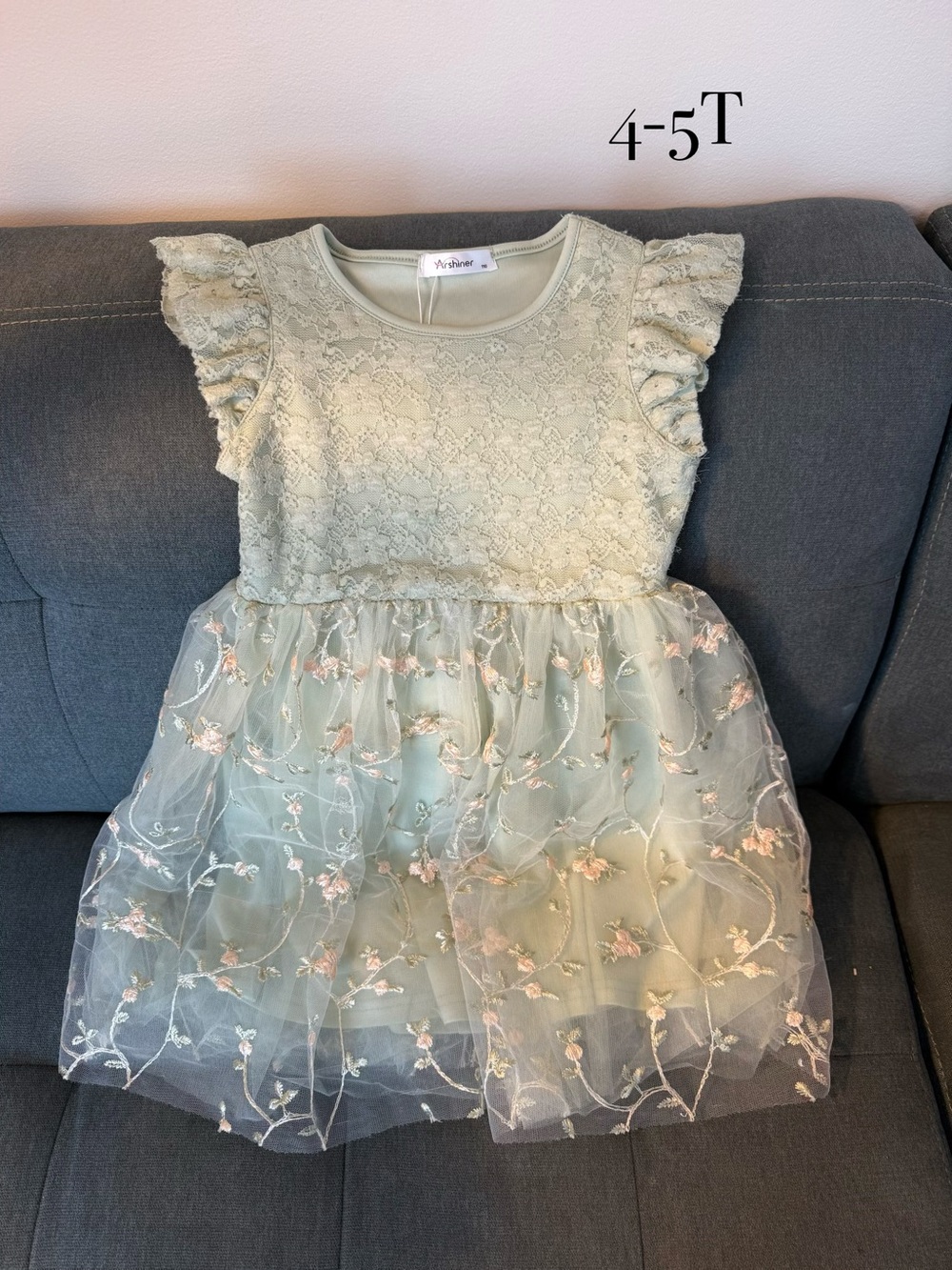 Girls Lace & Floral Tulle Party Dress - Light Sage Green (4-5T)